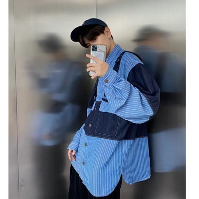 Blue Denim Casual Retro Shirt Men&s Korean Fashion Autumn Shirt Design Sense Niche Top Coat Splicing Braces Blouse Men